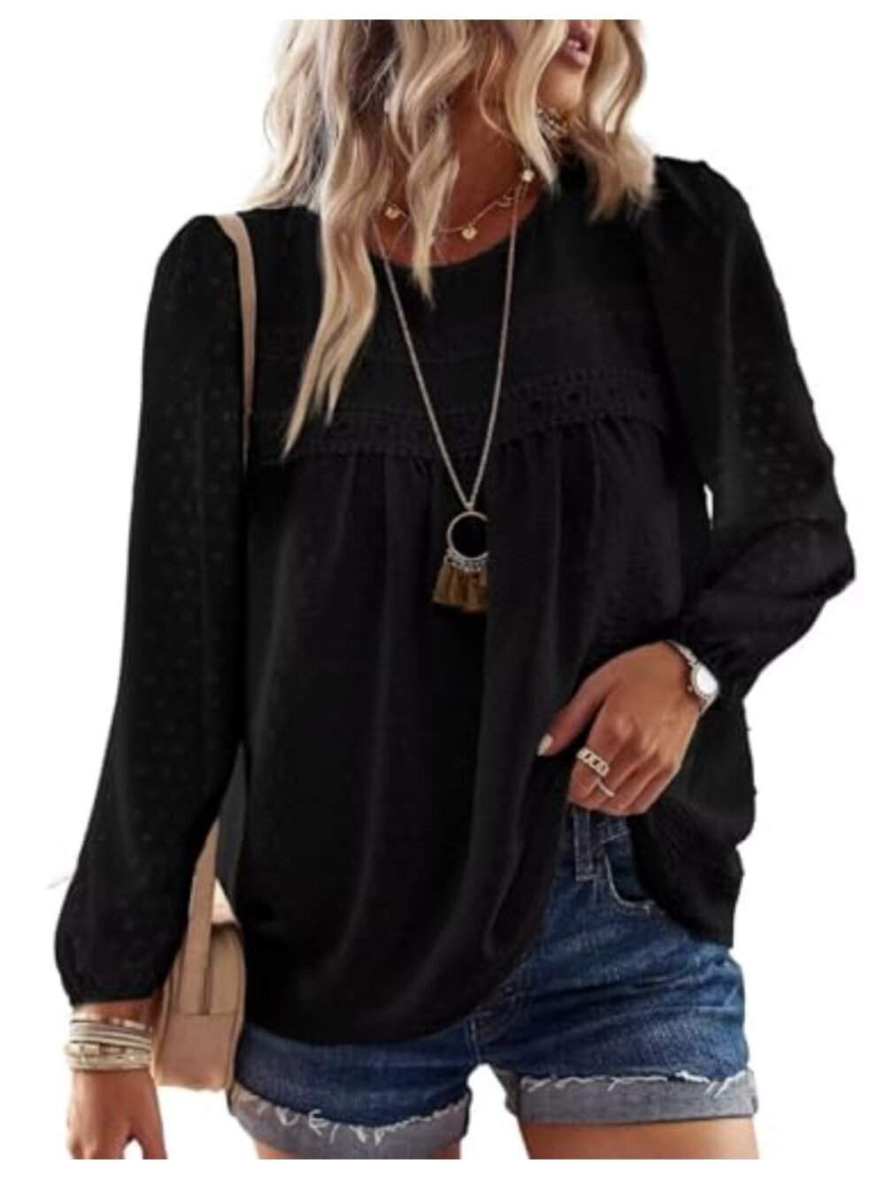 Womens Boho Lace Crochet Tops Long Sleeve Crew Neck Flowy Blouse Casual